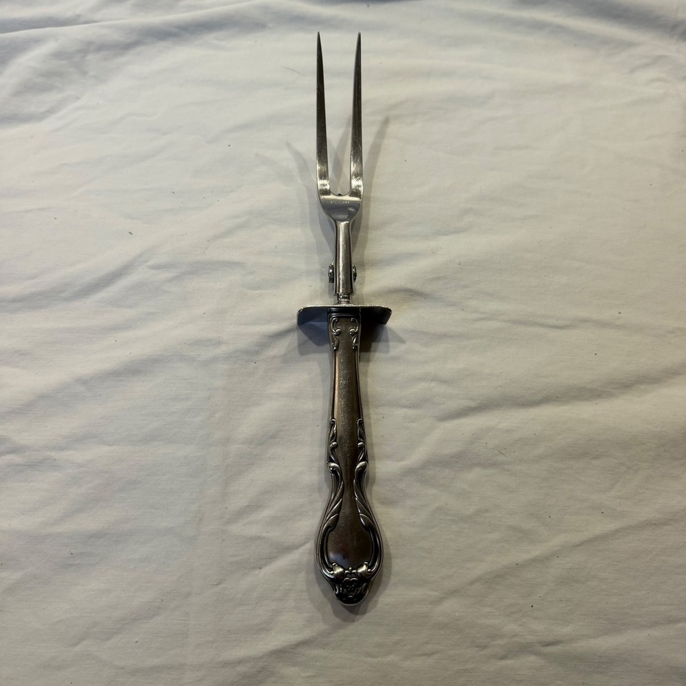 Vintage Stainless Steel Meat Carving Fork with Guard Floral Scroll Handle 10.5"